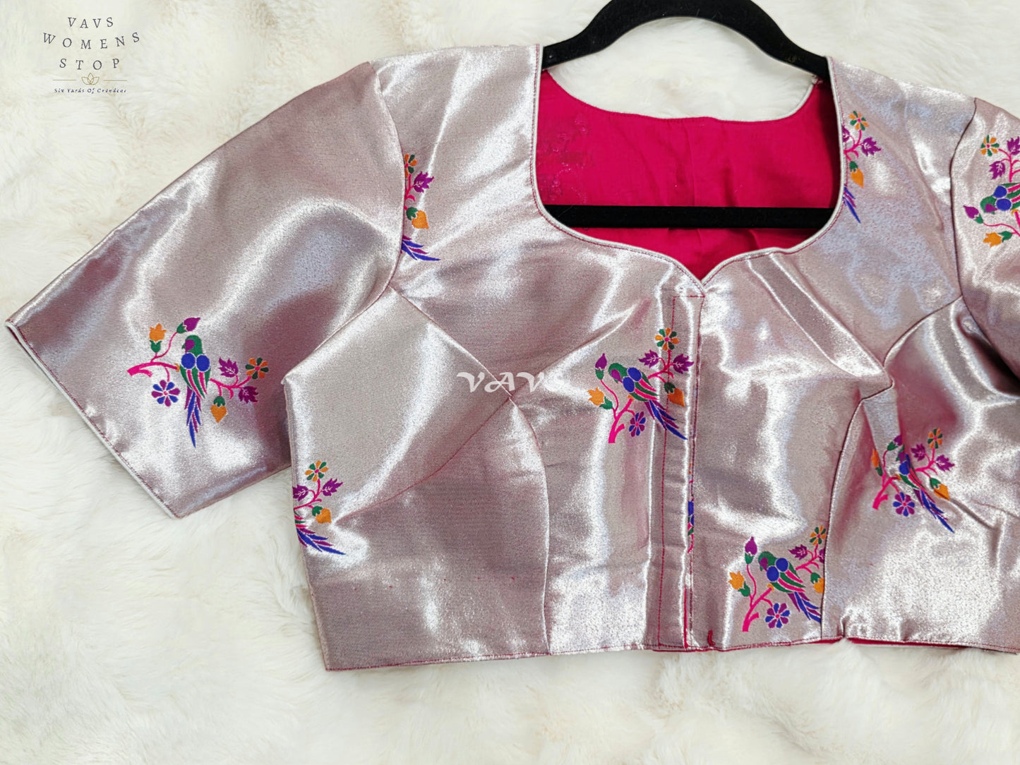 Royal Rose Quartz Pink Tissue Paithani Designer Blouse with Multicolor Bird Motifs