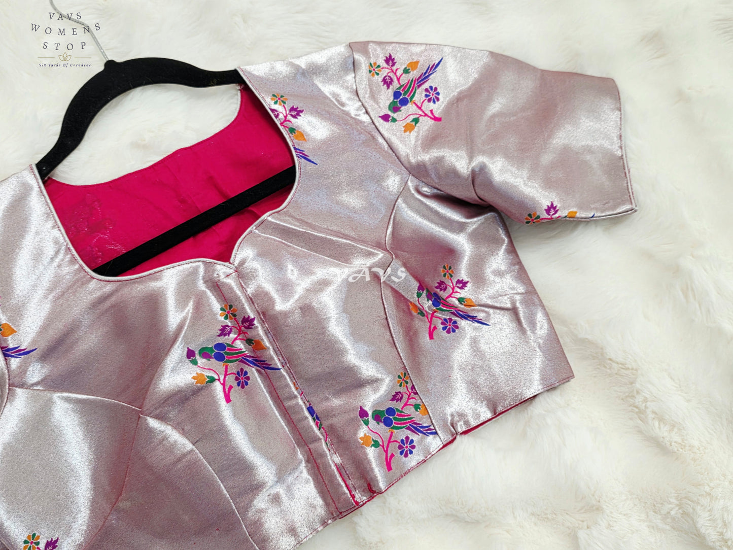 Royal Rose Quartz Pink Tissue Paithani Designer Blouse with Multicolor Bird Motifs