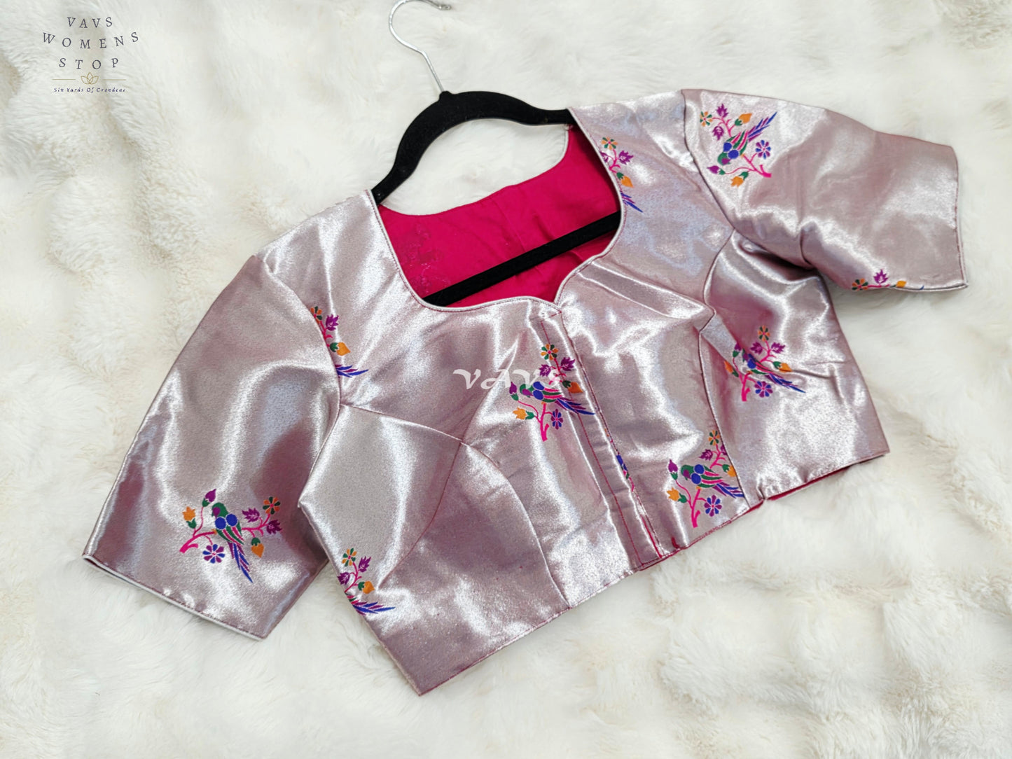 Royal Rose Quartz Pink Tissue Paithani Designer Blouse with Multicolor Bird Motifs
