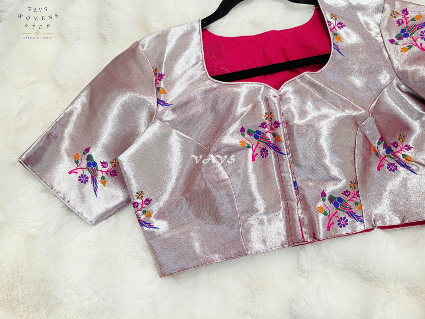 Royal Rose Quartz Pink Tissue Paithani Designer Blouse with Multicolor Bird Motifs