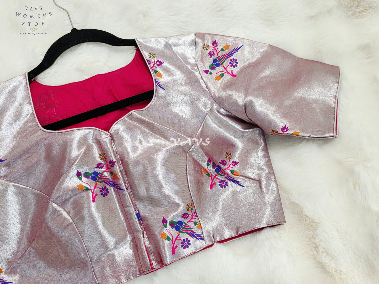 Royal Rose Quartz Pink Tissue Paithani Designer Blouse with Multicolor Bird Motifs