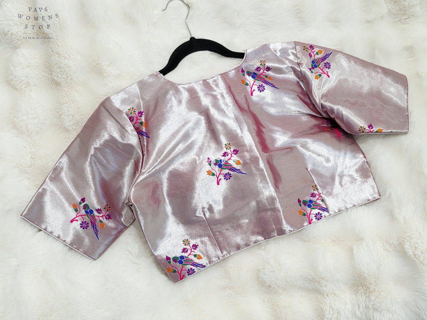 Royal Rose Quartz Pink Tissue Paithani Designer Blouse with Multicolor Bird Motifs