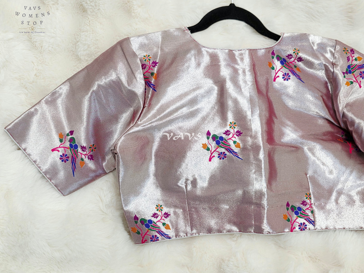 Royal Rose Quartz Pink Tissue Paithani Designer Blouse with Multicolor Bird Motifs