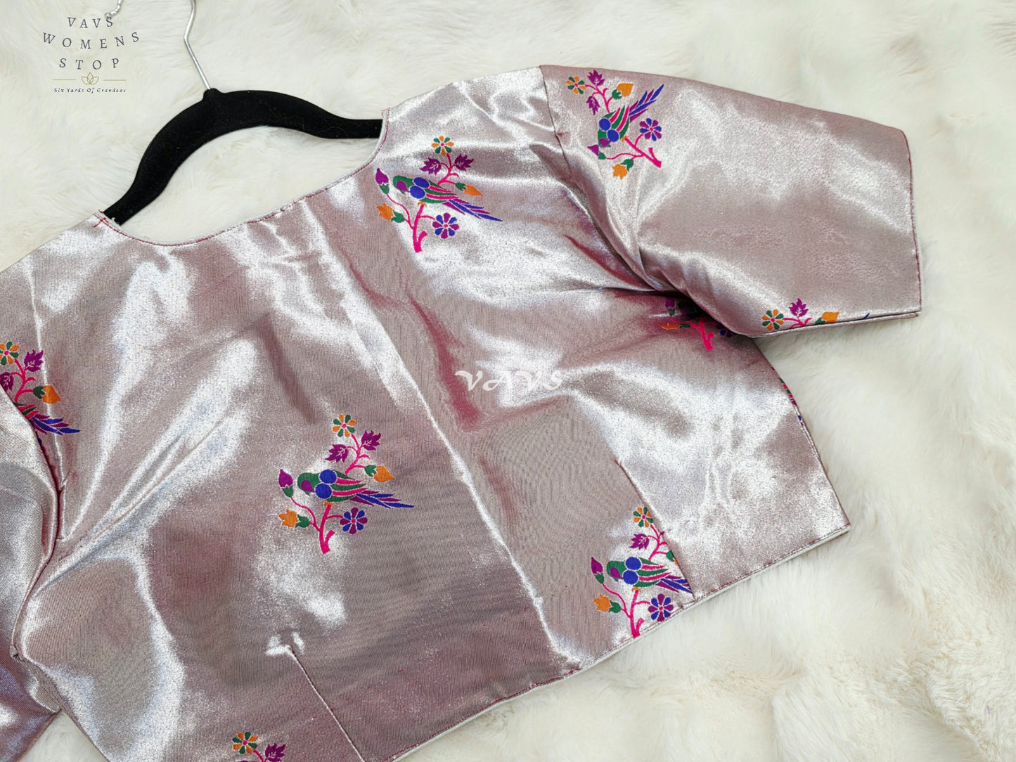 Royal Rose Quartz Pink Tissue Paithani Designer Blouse with Multicolor Bird Motifs