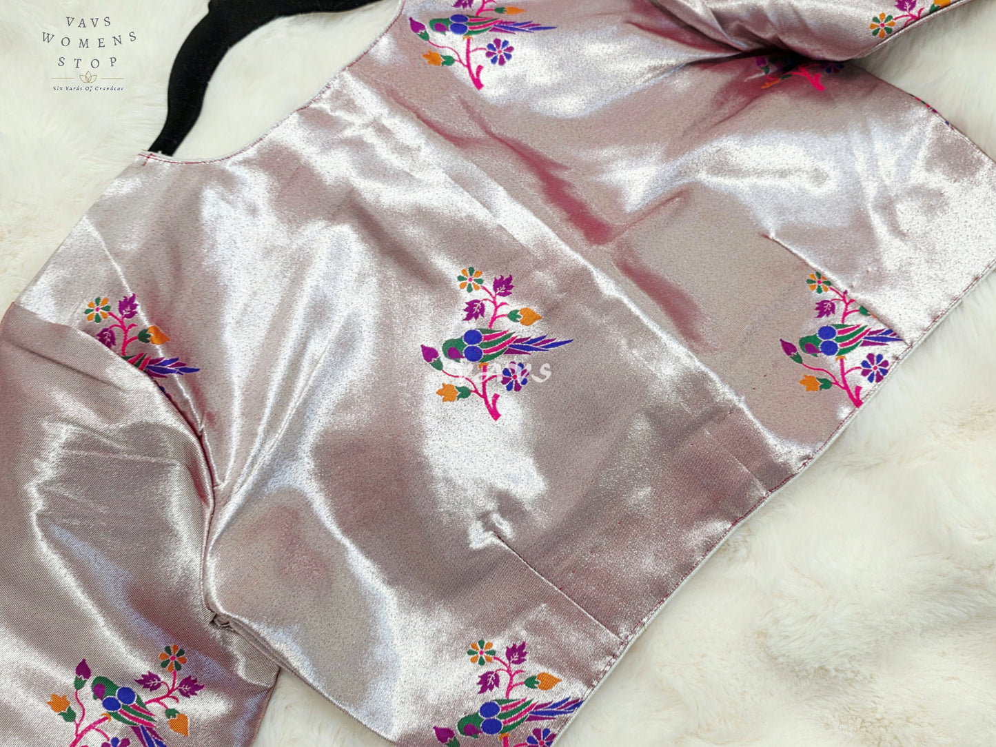 Royal Rose Quartz Pink Tissue Paithani Designer Blouse with Multicolor Bird Motifs