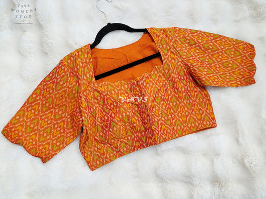 Royal Sunset Tangerine & Citrus Orange Pure Sico Pochampally Ikat Designer Blouse