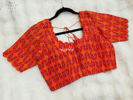 Royal Vermilion Orange & Crimson Red Pure Sico Pochampally Ikat Designer Blouse