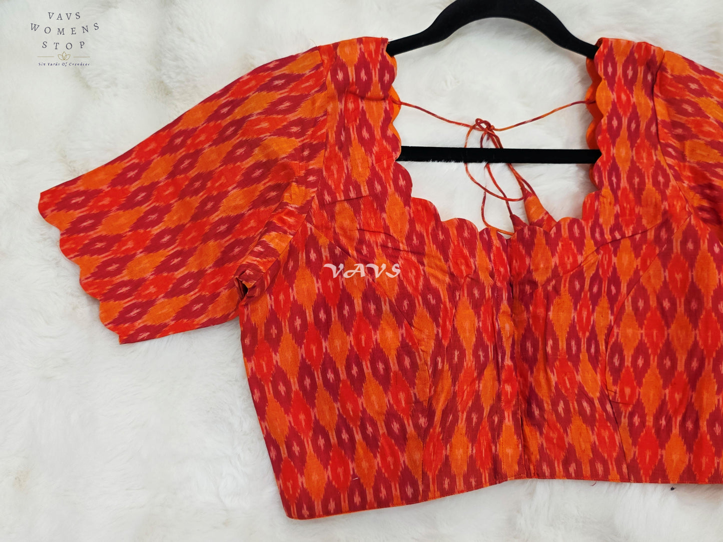 Royal Vermilion Orange & Crimson Red Pure Sico Pochampally Ikat Designer Blouse