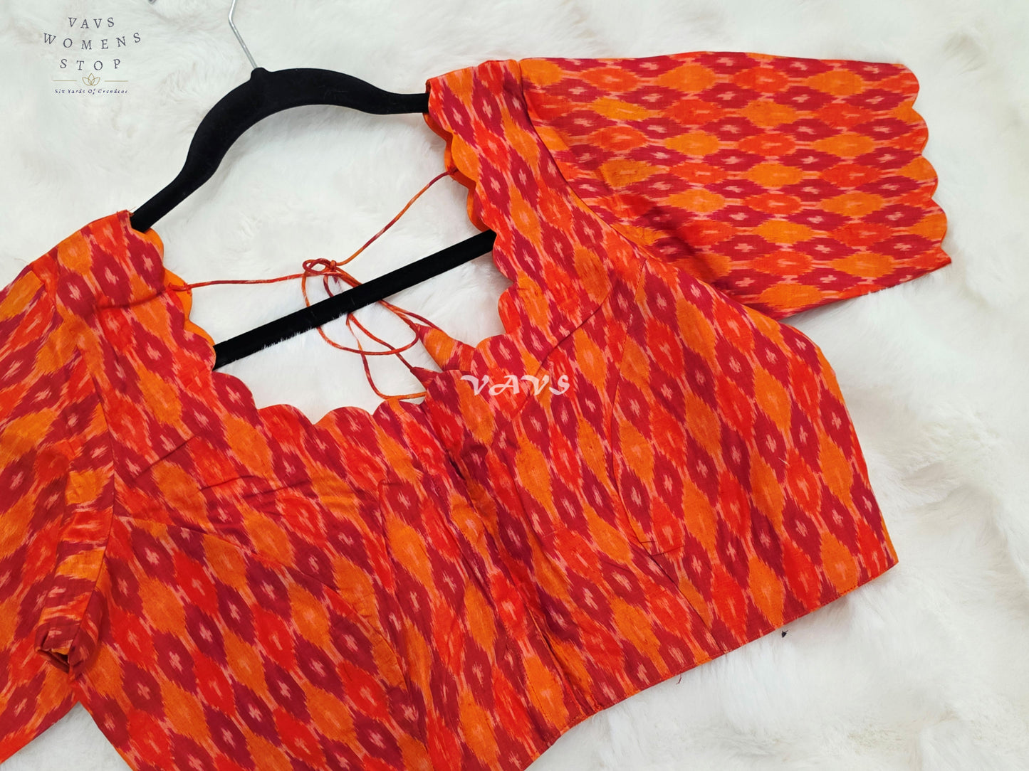 Royal Vermilion Orange & Crimson Red Pure Sico Pochampally Ikat Designer Blouse