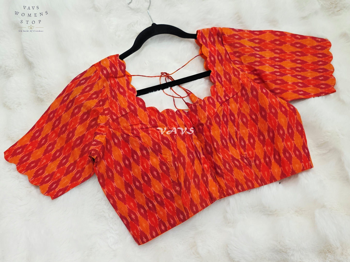 Royal Vermilion Orange & Crimson Red Pure Sico Pochampally Ikat Designer Blouse