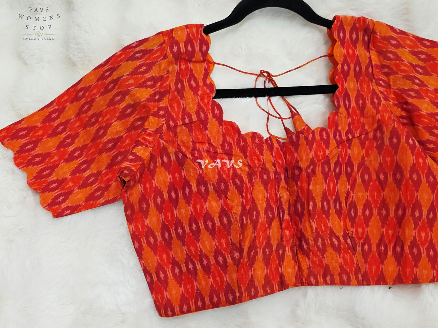 Royal Vermilion Orange & Crimson Red Pure Sico Pochampally Ikat Designer Blouse