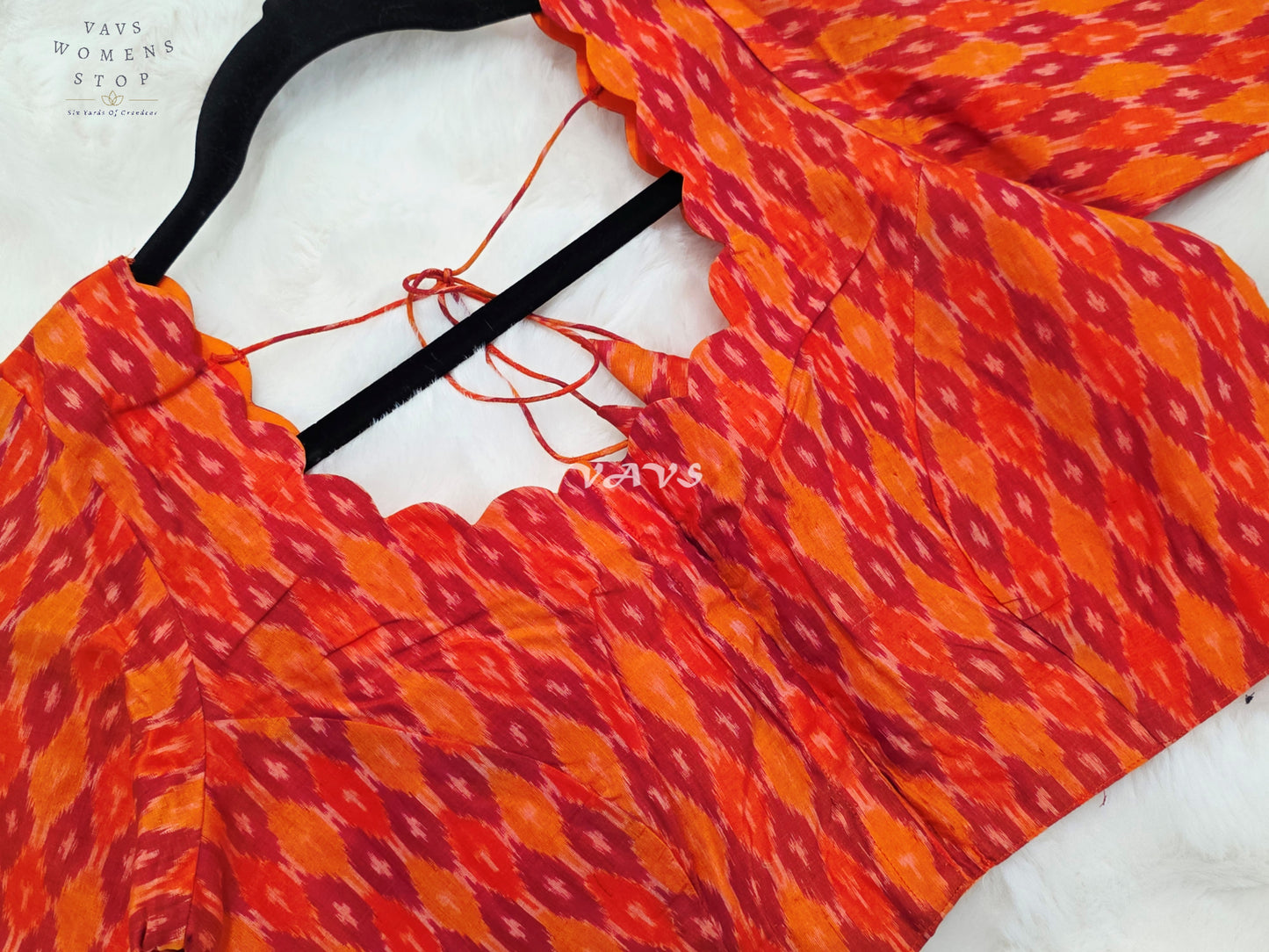Royal Vermilion Orange & Crimson Red Pure Sico Pochampally Ikat Designer Blouse