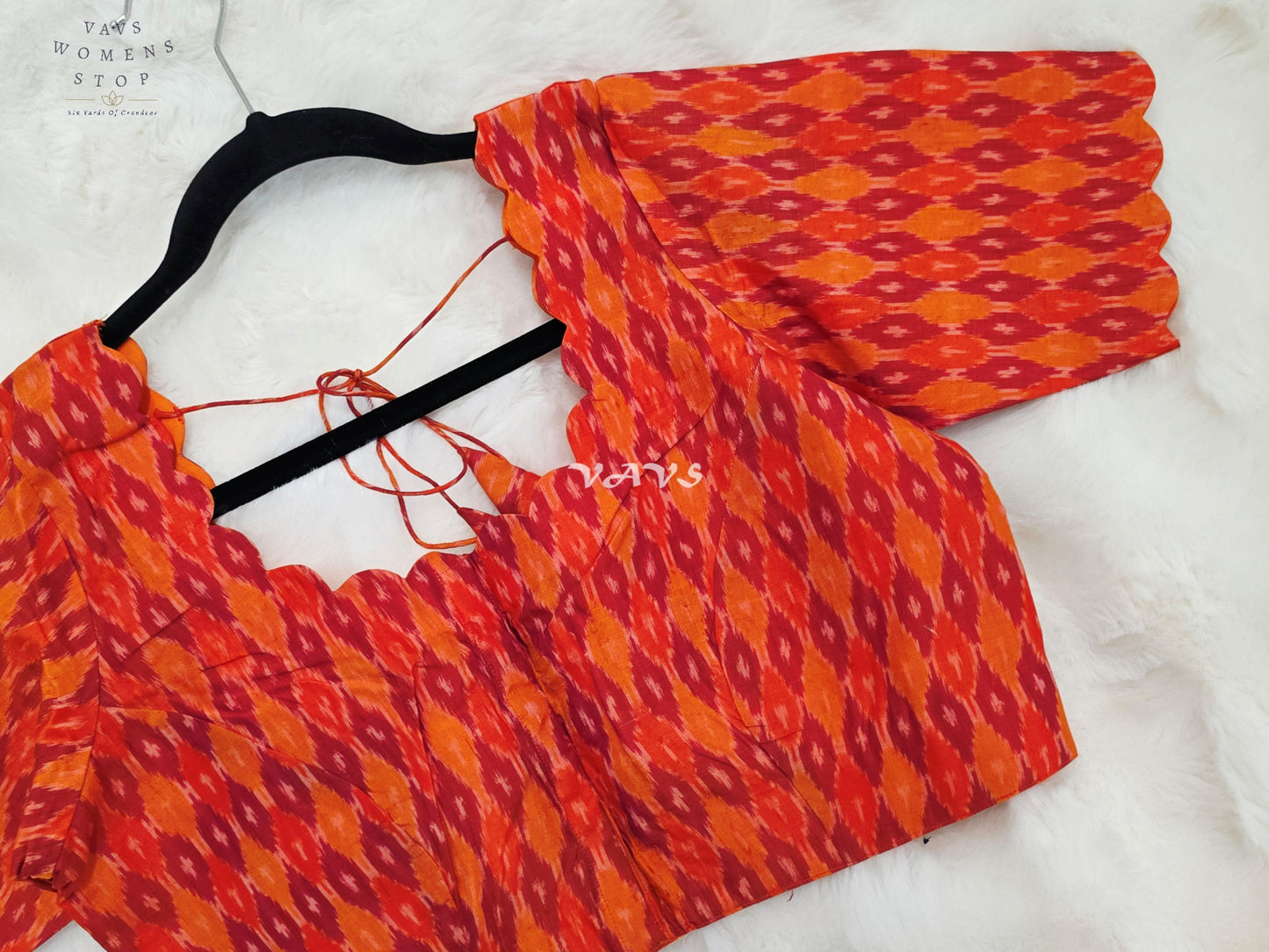 Royal Vermilion Orange & Crimson Red Pure Sico Pochampally Ikat Designer Blouse