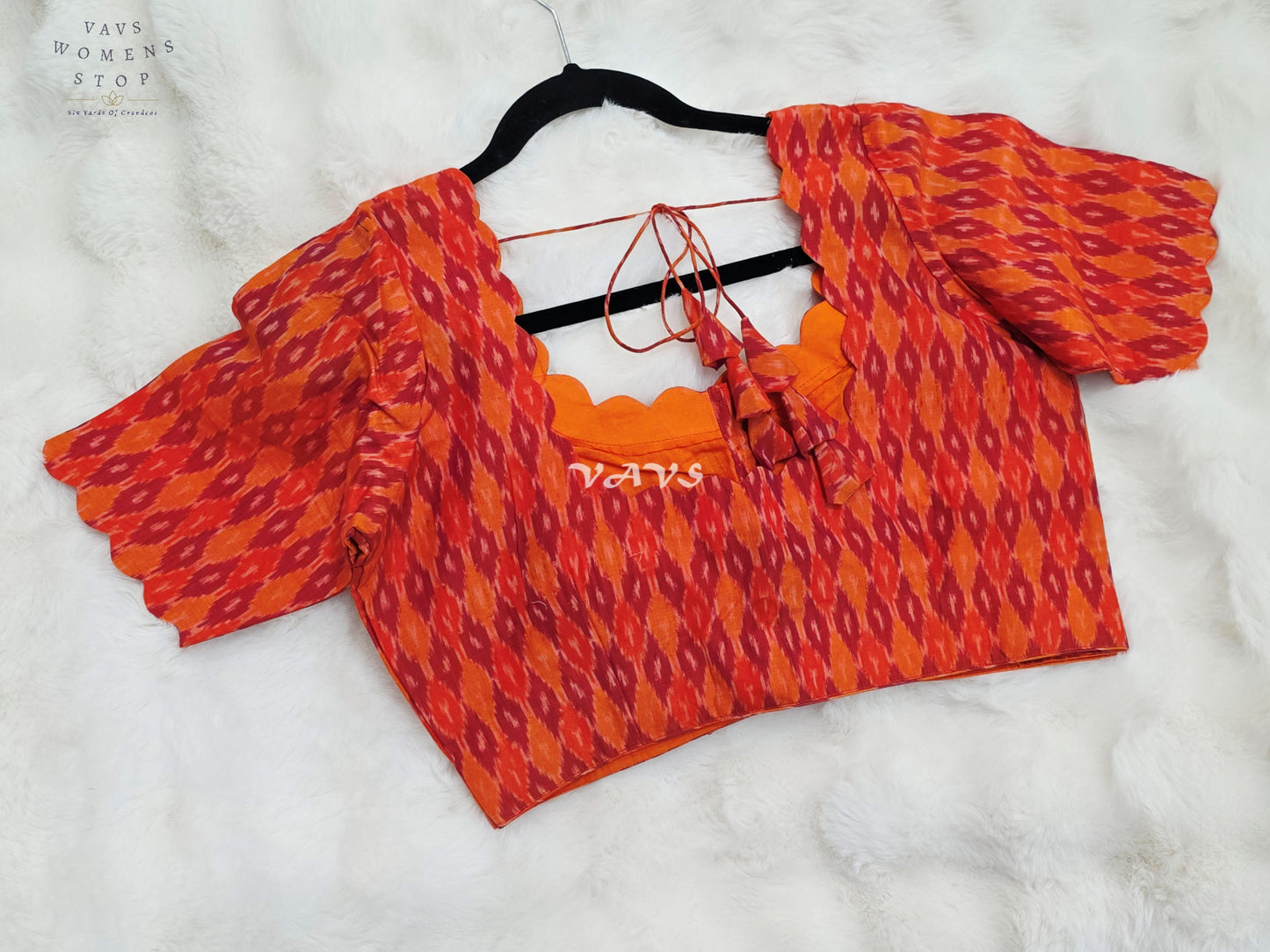 Royal Vermilion Orange & Crimson Red Pure Sico Pochampally Ikat Designer Blouse