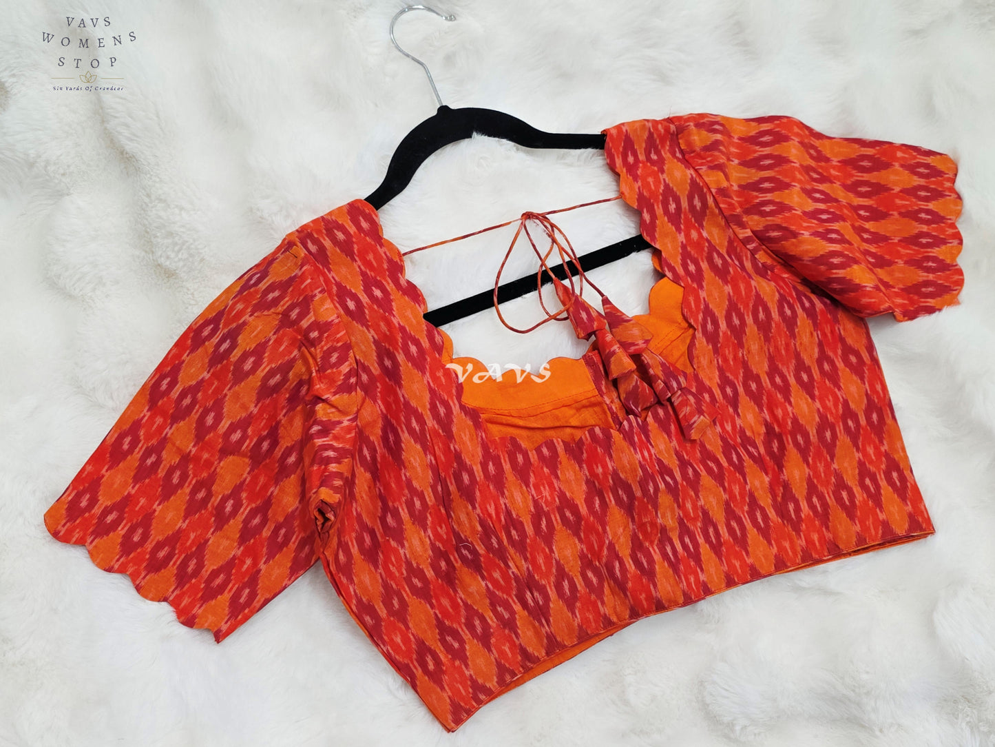 Royal Vermilion Orange & Crimson Red Pure Sico Pochampally Ikat Designer Blouse