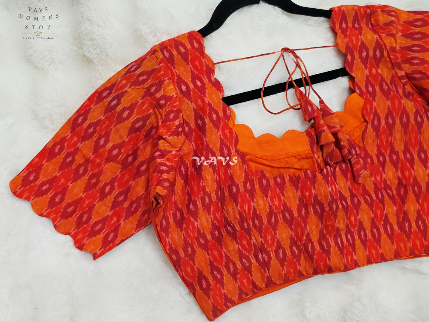 Royal Vermilion Orange & Crimson Red Pure Sico Pochampally Ikat Designer Blouse