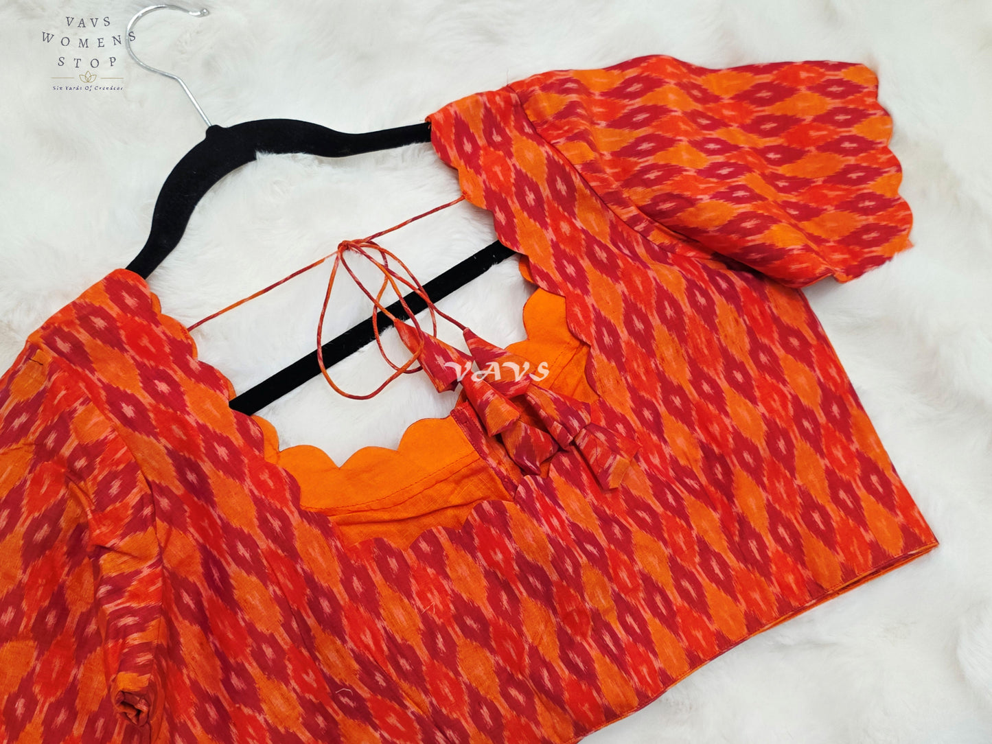 Royal Vermilion Orange & Crimson Red Pure Sico Pochampally Ikat Designer Blouse
