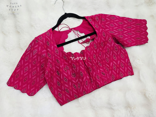 Royal Rani Pink Pure Sico Pochampally Ikat Designer Blouse with Scallop Neck