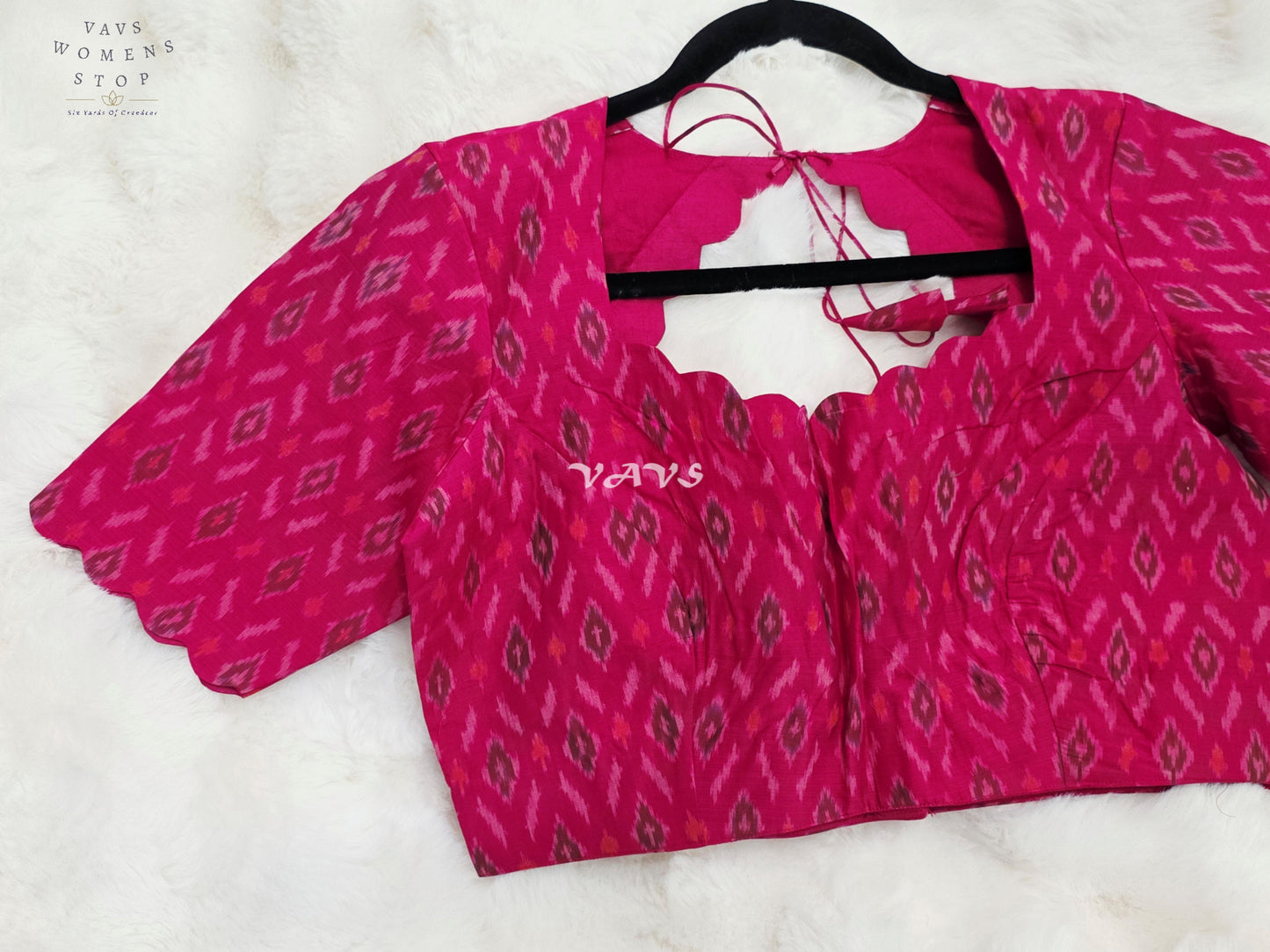 Royal Rani Pink Pure Sico Pochampally Ikat Designer Blouse with Scallop Neck