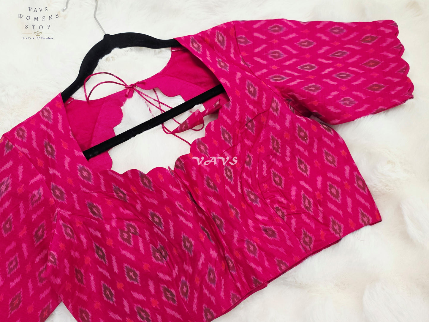 Royal Rani Pink Pure Sico Pochampally Ikat Designer Blouse with Scallop Neck