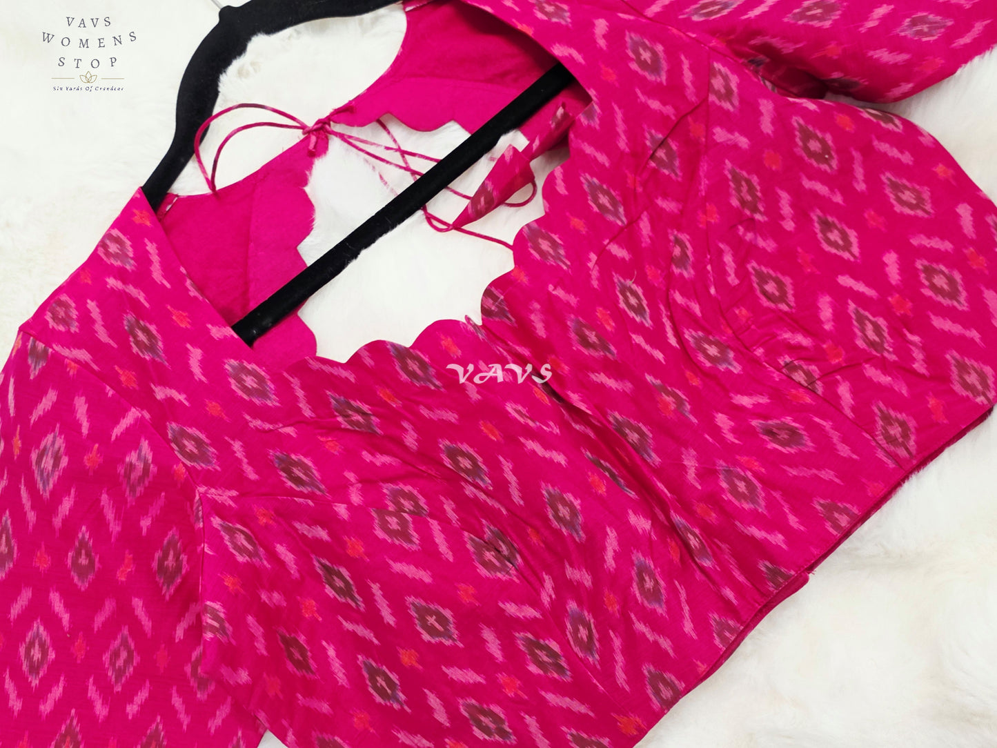 Royal Rani Pink Pure Sico Pochampally Ikat Designer Blouse with Scallop Neck
