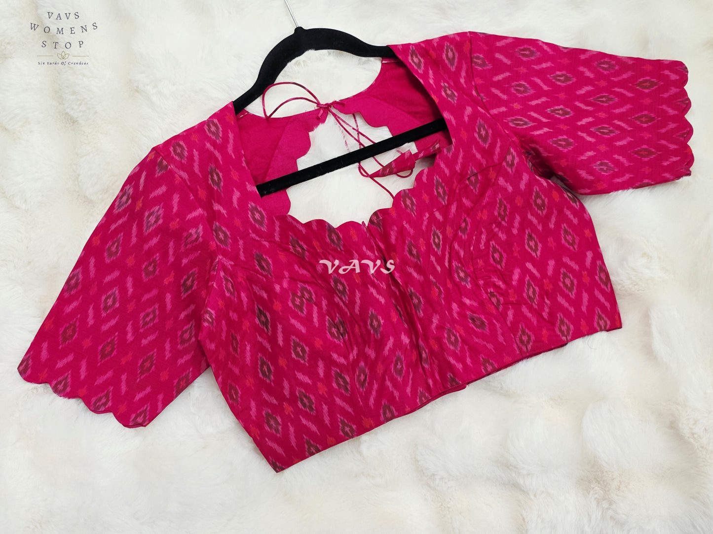Royal Rani Pink Pure Sico Pochampally Ikat Designer Blouse with Scallop Neck