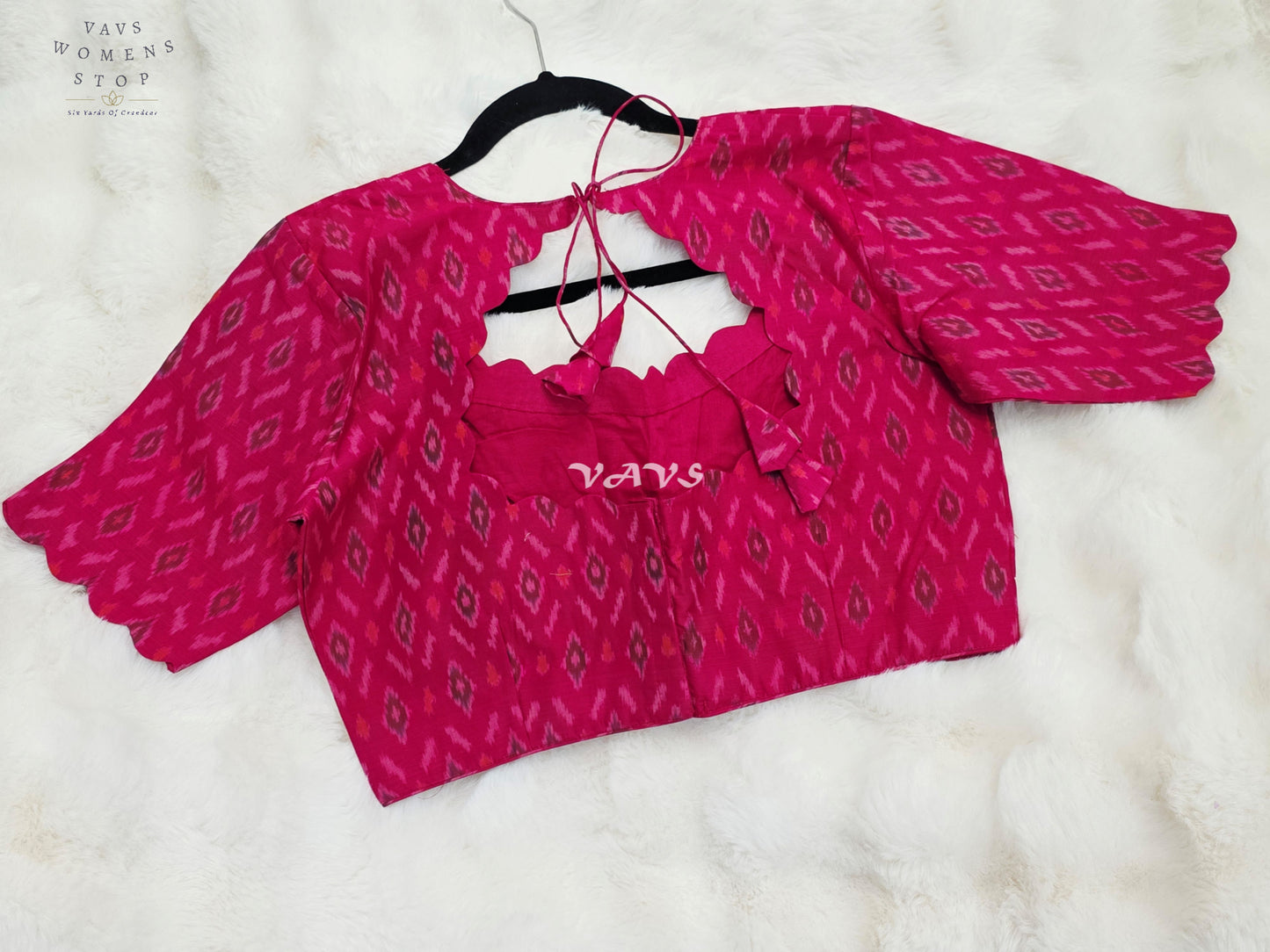 Royal Rani Pink Pure Sico Pochampally Ikat Designer Blouse with Scallop Neck
