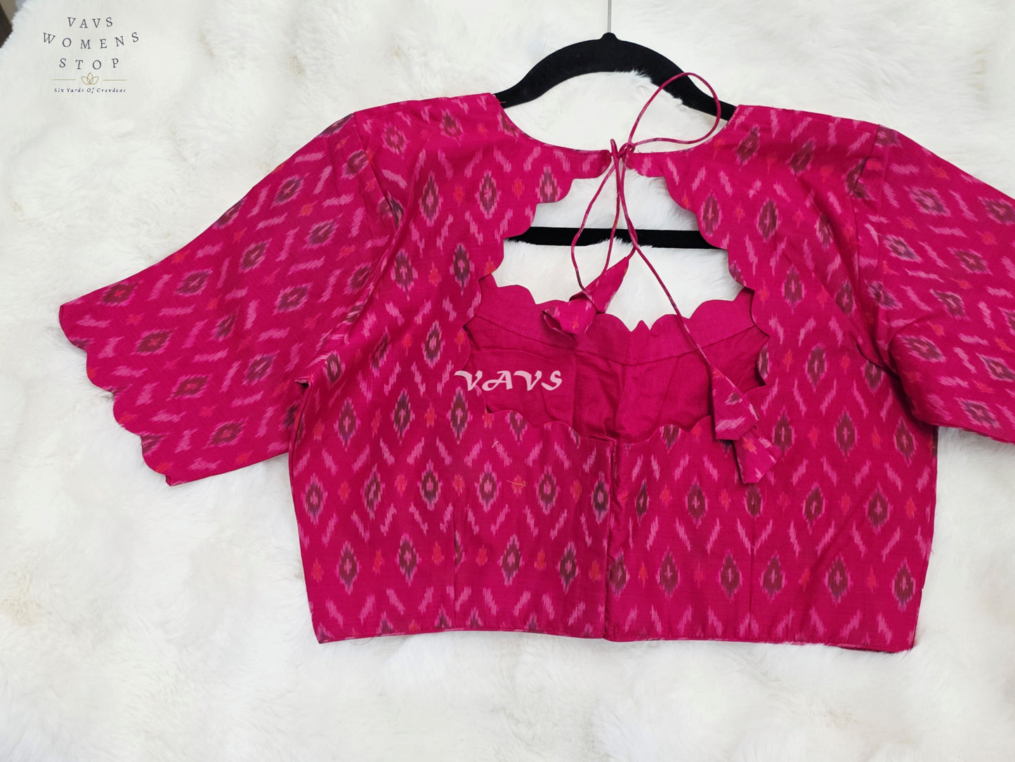 Royal Rani Pink Pure Sico Pochampally Ikat Designer Blouse with Scallop Neck