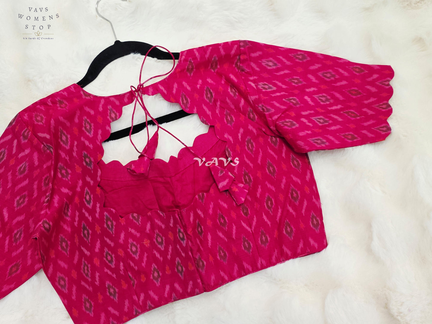 Royal Rani Pink Pure Sico Pochampally Ikat Designer Blouse with Scallop Neck