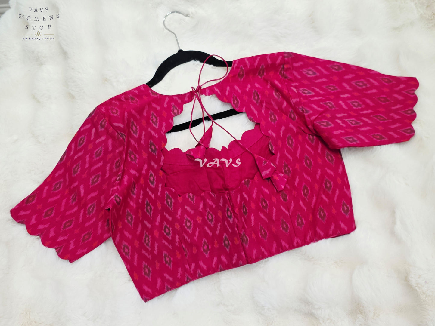 Royal Rani Pink Pure Sico Pochampally Ikat Designer Blouse with Scallop Neck