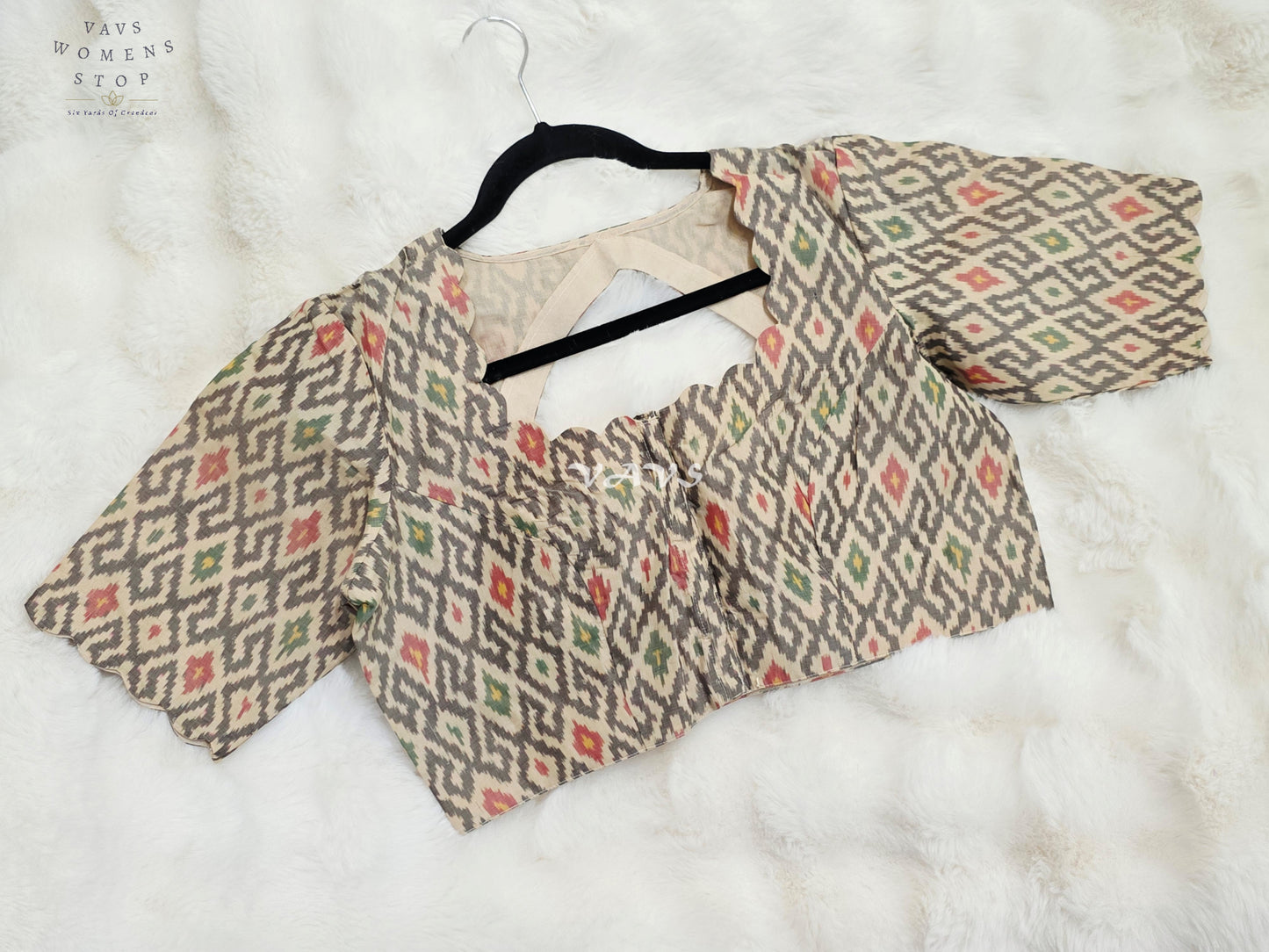 Royal Ivory Cream Pure Sico Pochampally Ikat Designer Blouse with Multicolor Ikat Motifs