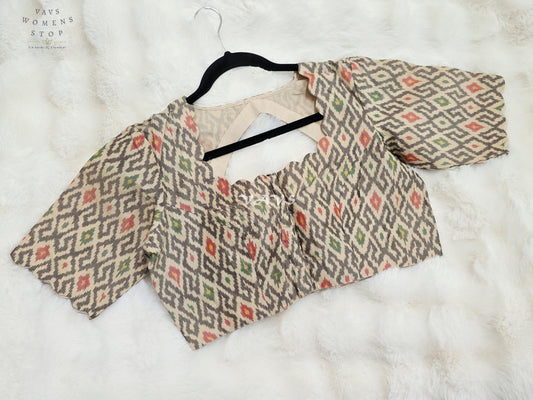 Royal Ivory Cream Pure Sico Pochampally Ikat Designer Blouse with Multicolor Ikat Motifs