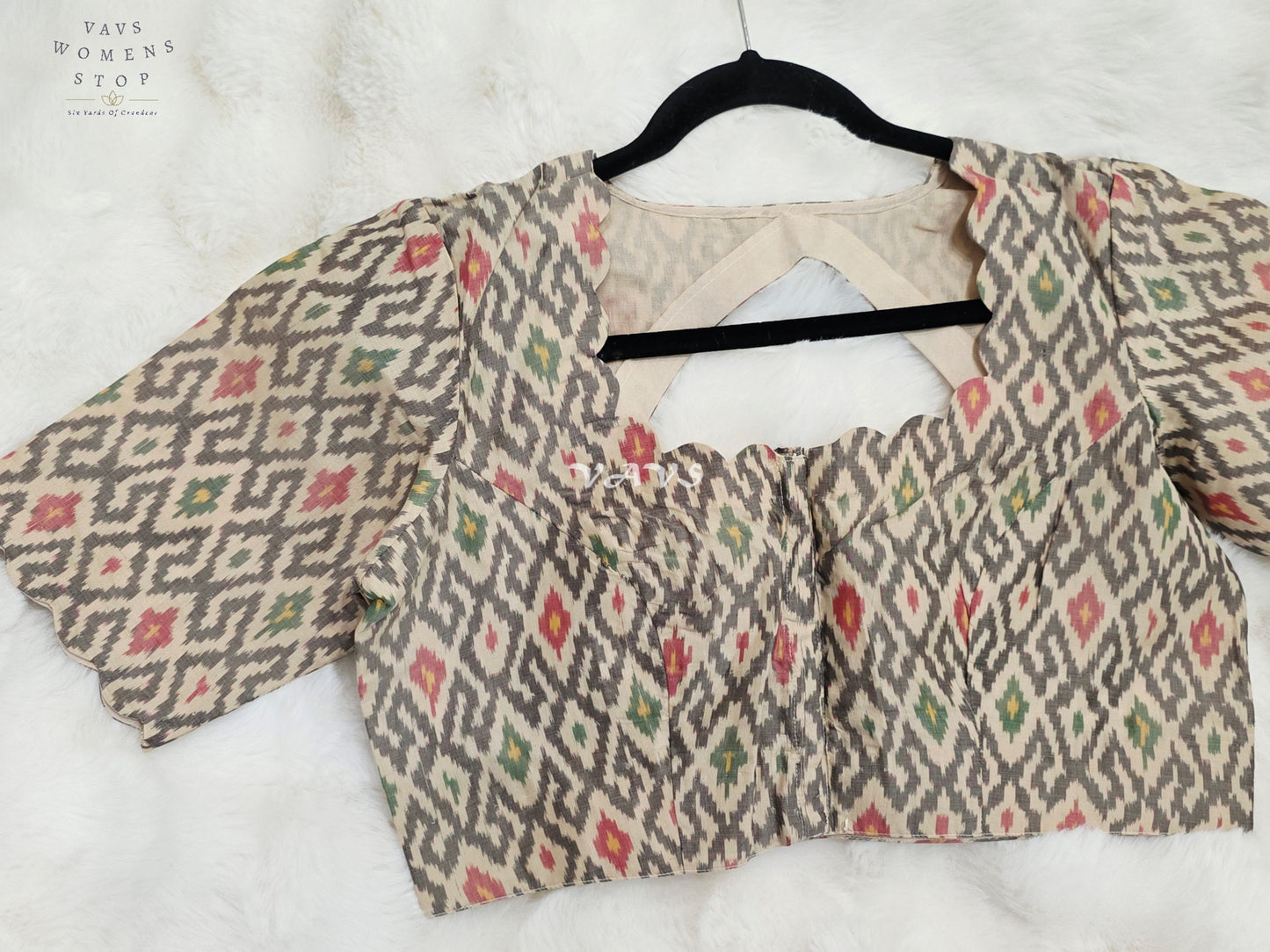 Royal Ivory Cream Pure Sico Pochampally Ikat Designer Blouse with Multicolor Ikat Motifs