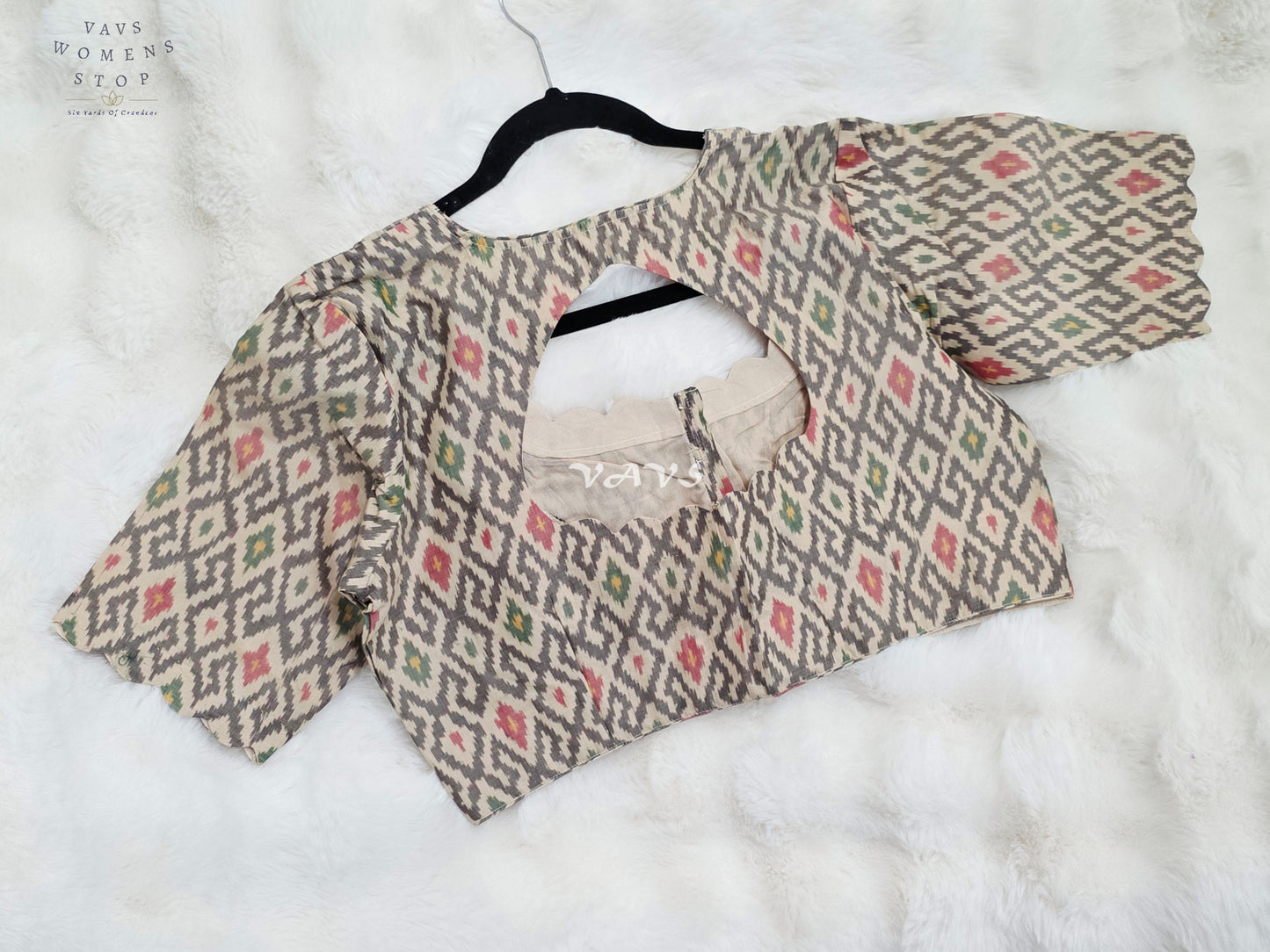 Royal Ivory Cream Pure Sico Pochampally Ikat Designer Blouse with Multicolor Ikat Motifs