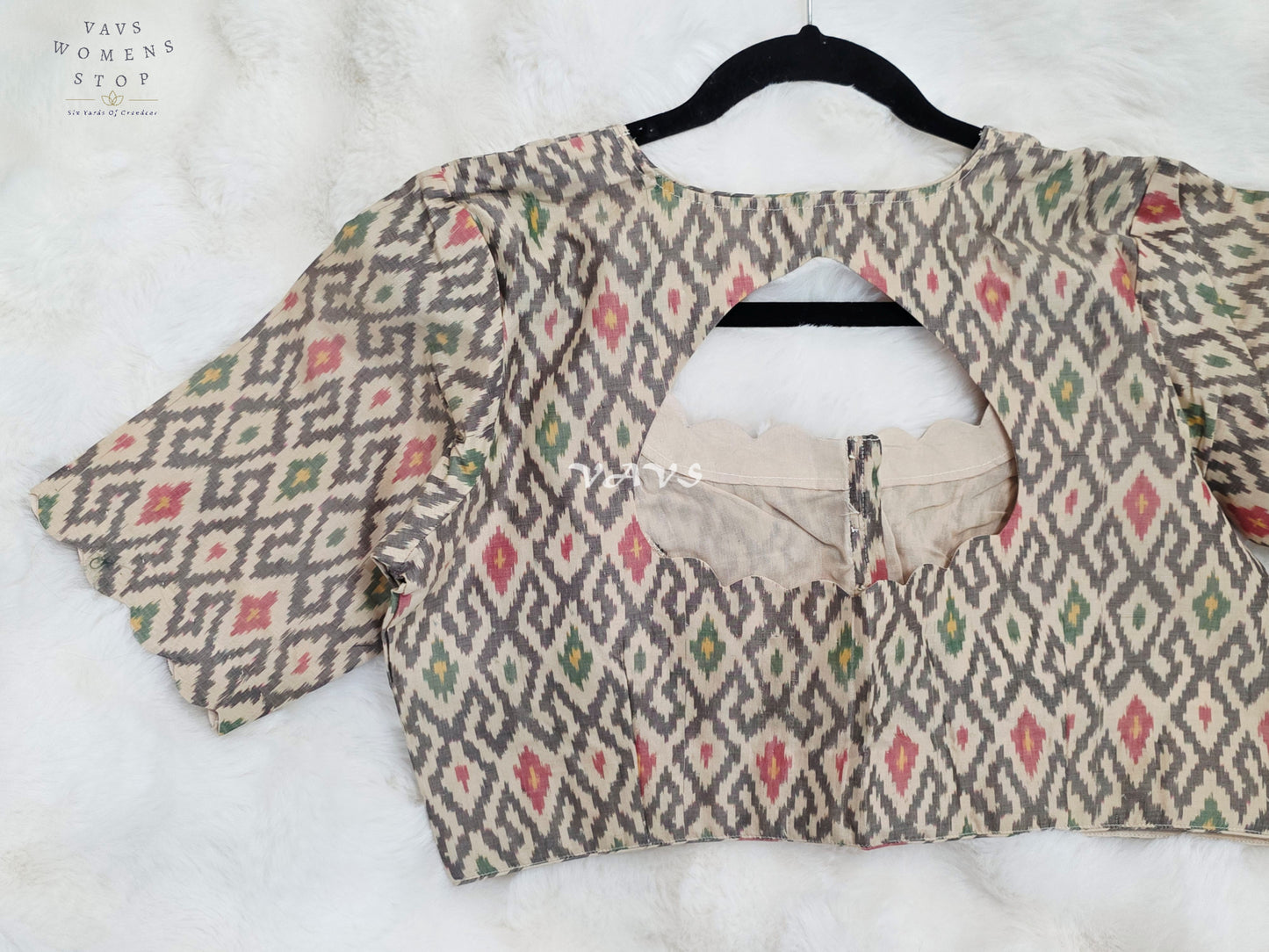 Royal Ivory Cream Pure Sico Pochampally Ikat Designer Blouse with Multicolor Ikat Motifs