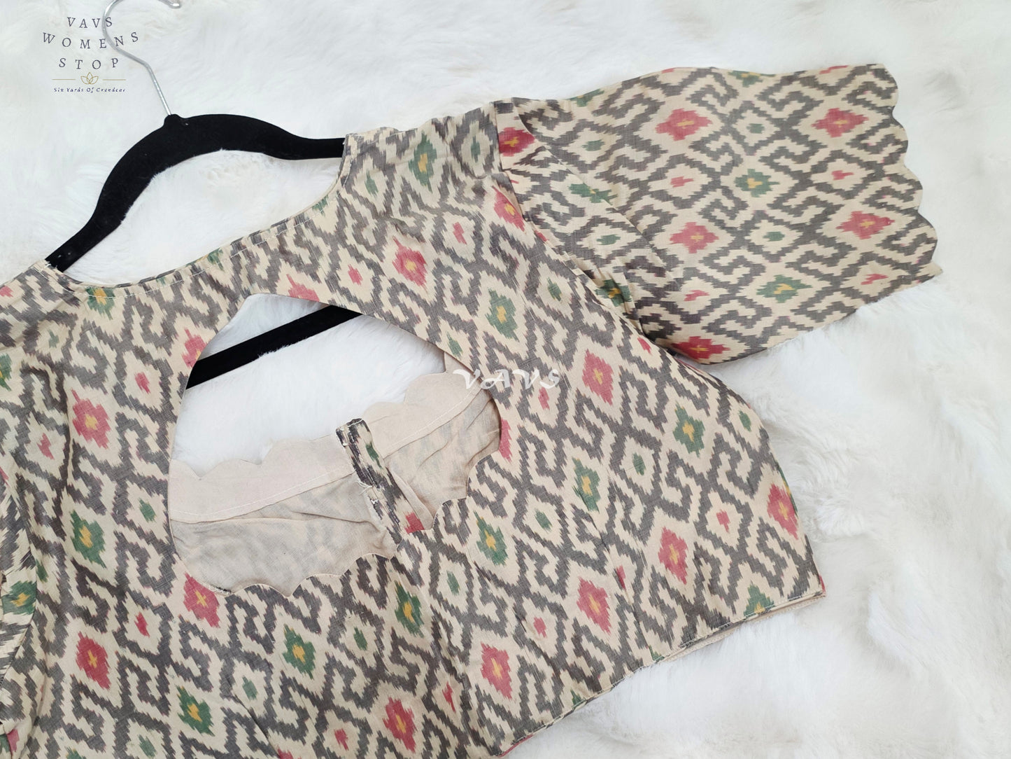 Royal Ivory Cream Pure Sico Pochampally Ikat Designer Blouse with Multicolor Ikat Motifs