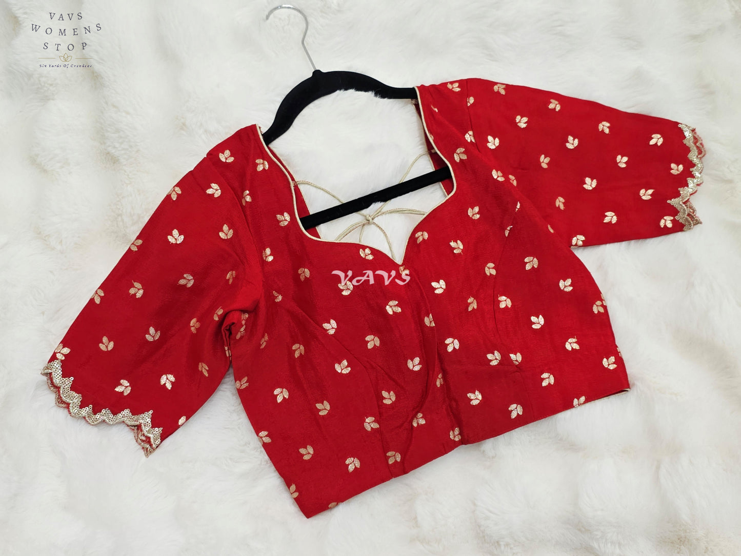 Royal Crimson Red Chinon Chiffon Gold Zari Buttas Designer Stitched Blouse