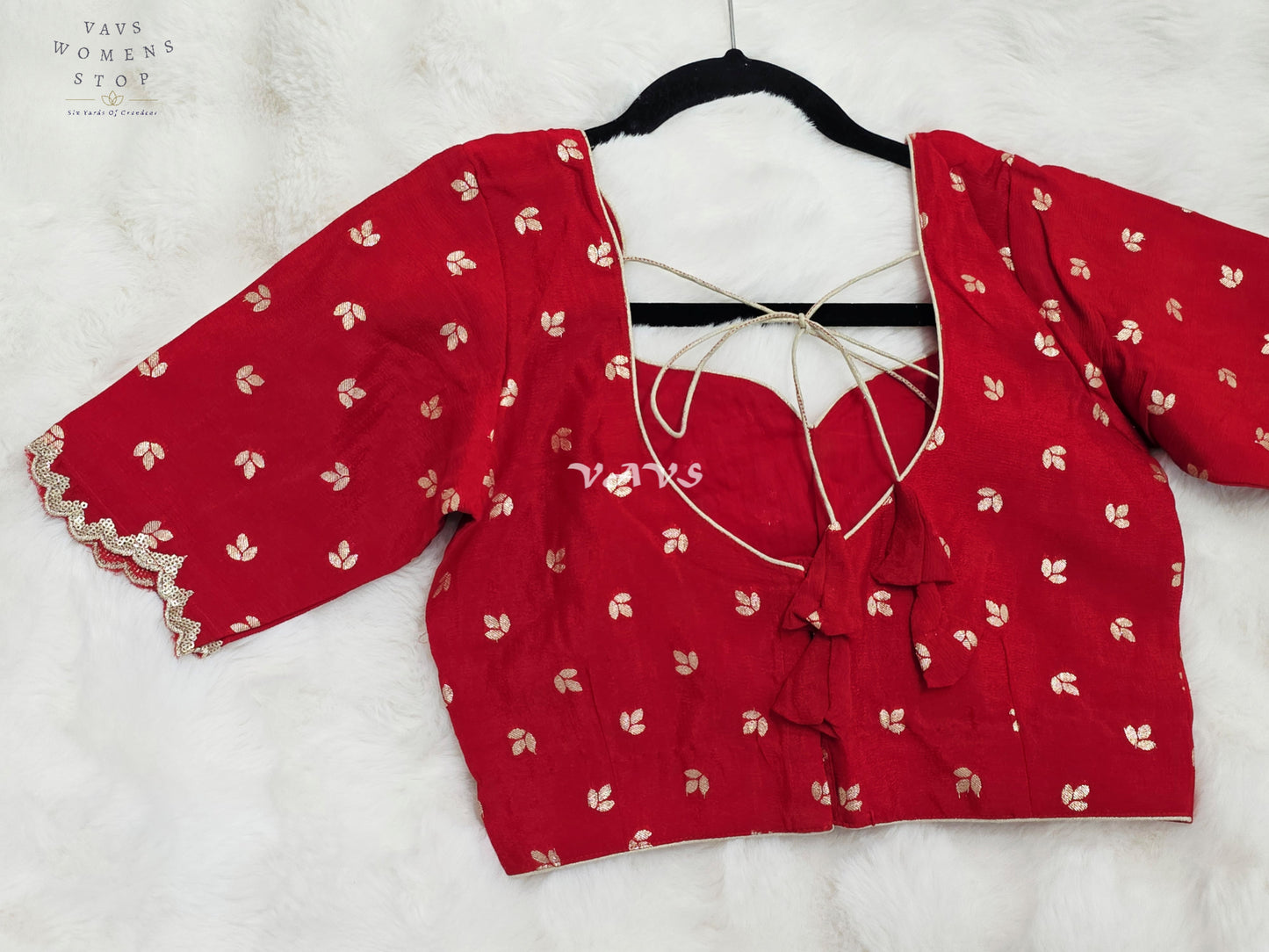 Royal Crimson Red Chinon Chiffon Gold Zari Buttas Designer Stitched Blouse