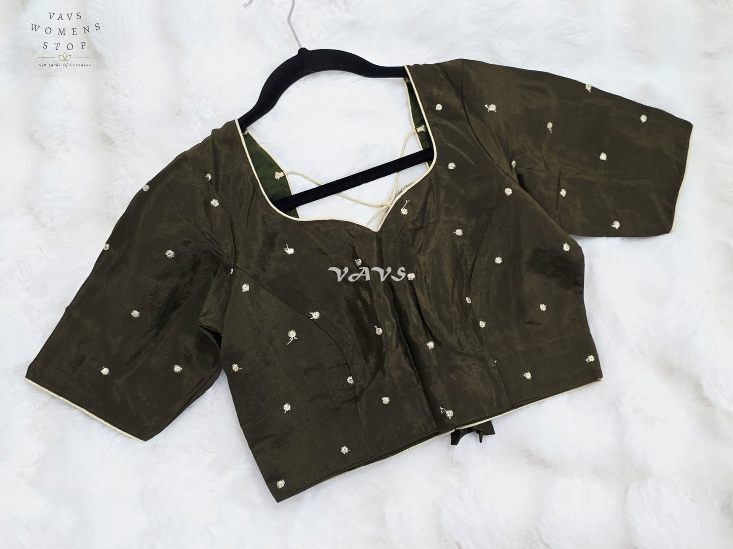 Royal Midnight Olive Chinon Chiffon Gold Zari Buttas Designer Stitched Blouse
