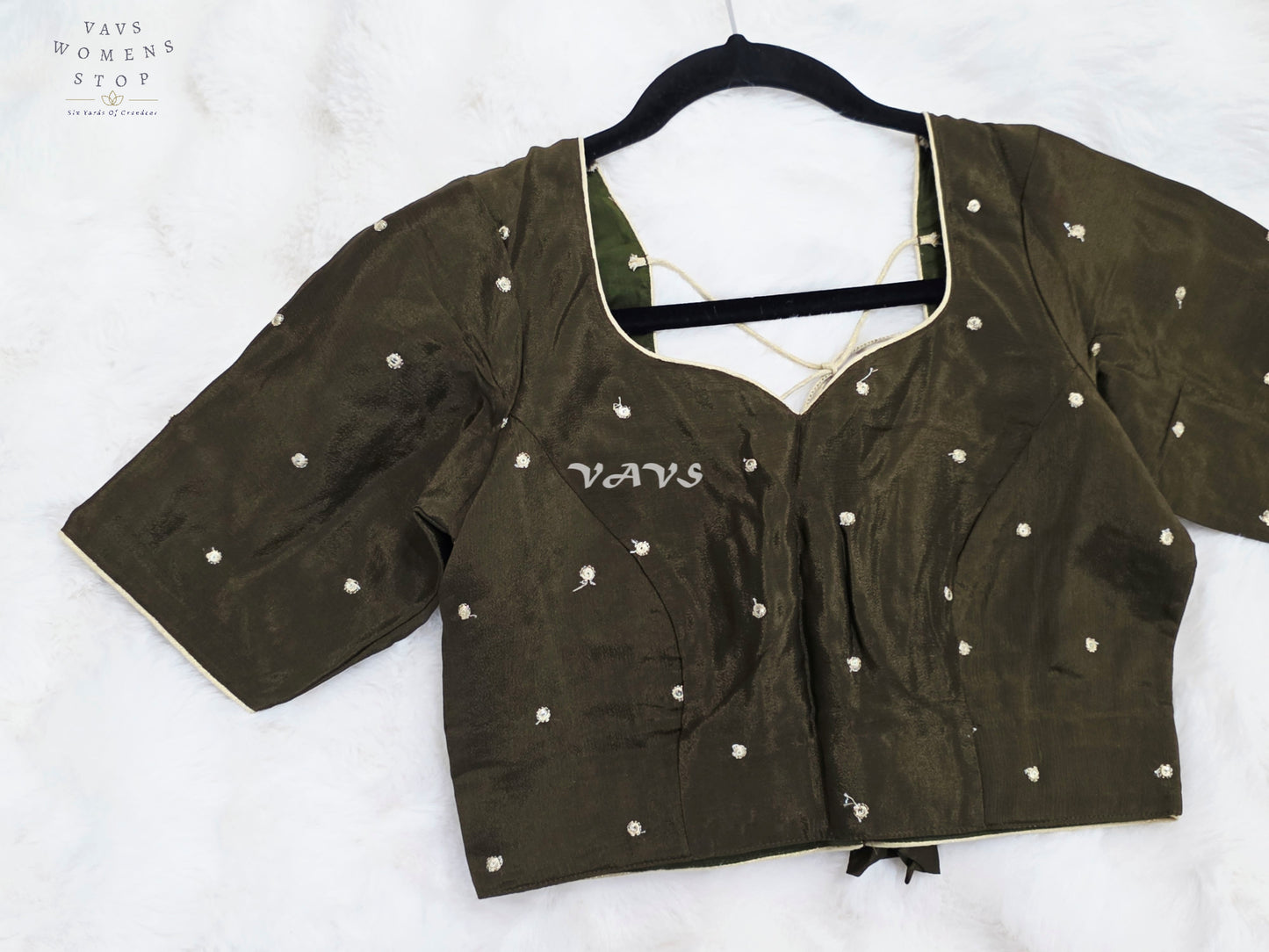 Royal Midnight Olive Chinon Chiffon Gold Zari Buttas Designer Stitched Blouse