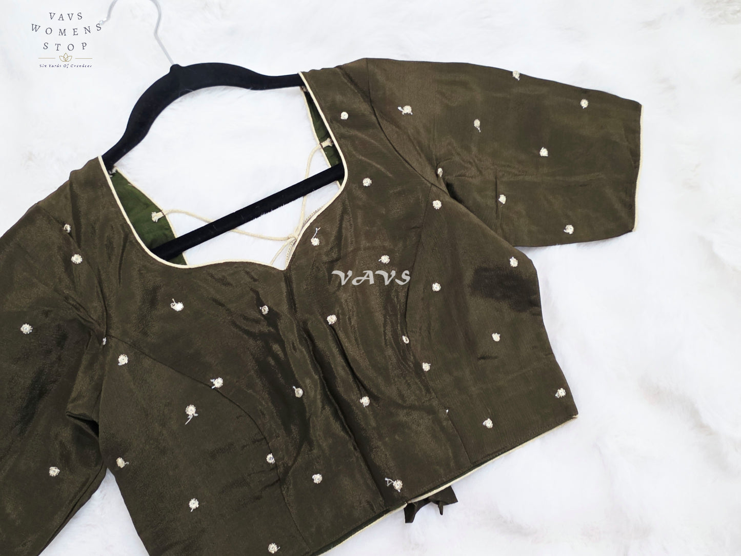 Royal Midnight Olive Chinon Chiffon Gold Zari Buttas Designer Stitched Blouse