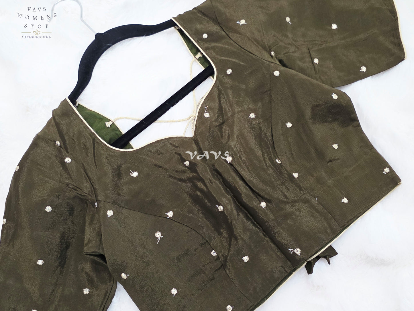 Royal Midnight Olive Chinon Chiffon Gold Zari Buttas Designer Stitched Blouse