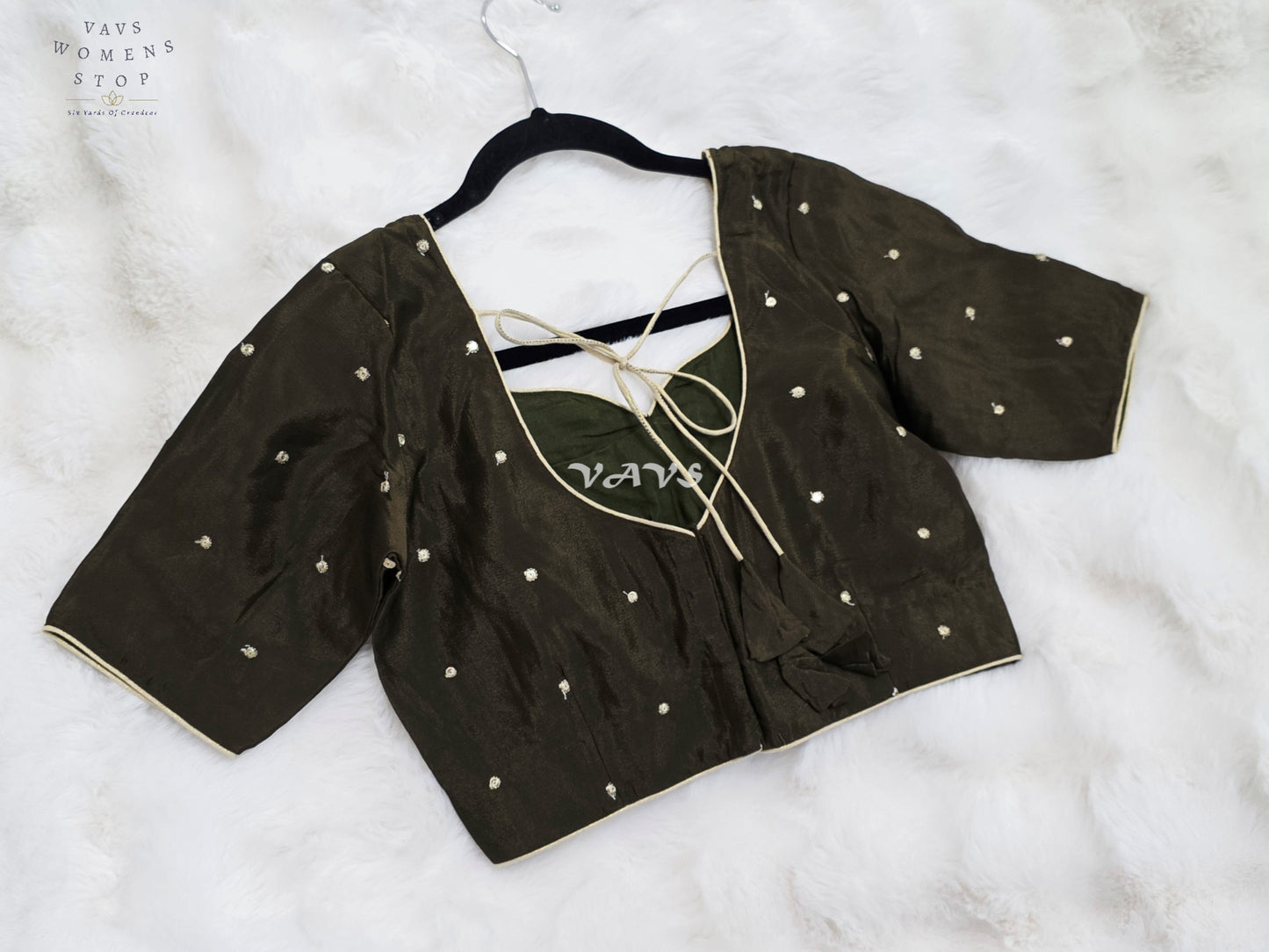 Royal Midnight Olive Chinon Chiffon Gold Zari Buttas Designer Stitched Blouse