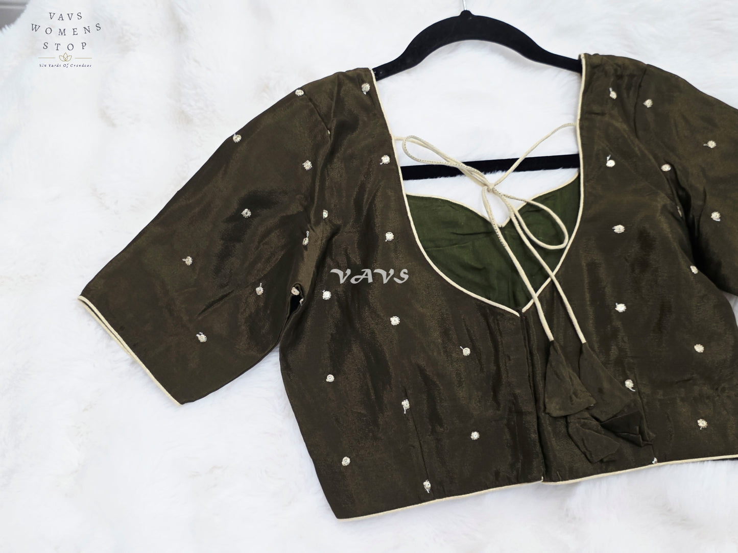 Royal Midnight Olive Chinon Chiffon Gold Zari Buttas Designer Stitched Blouse