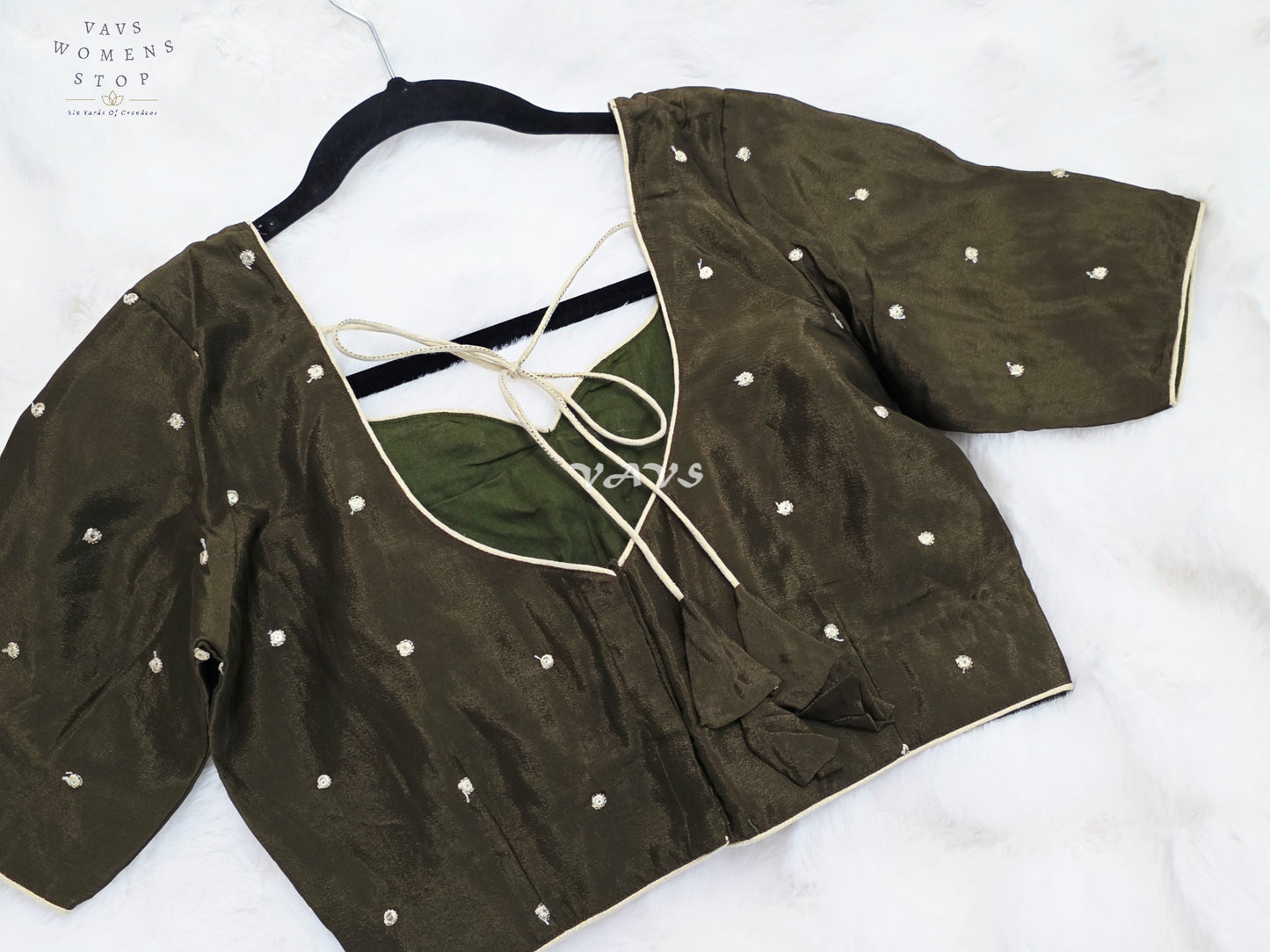 Royal Midnight Olive Chinon Chiffon Gold Zari Buttas Designer Stitched Blouse