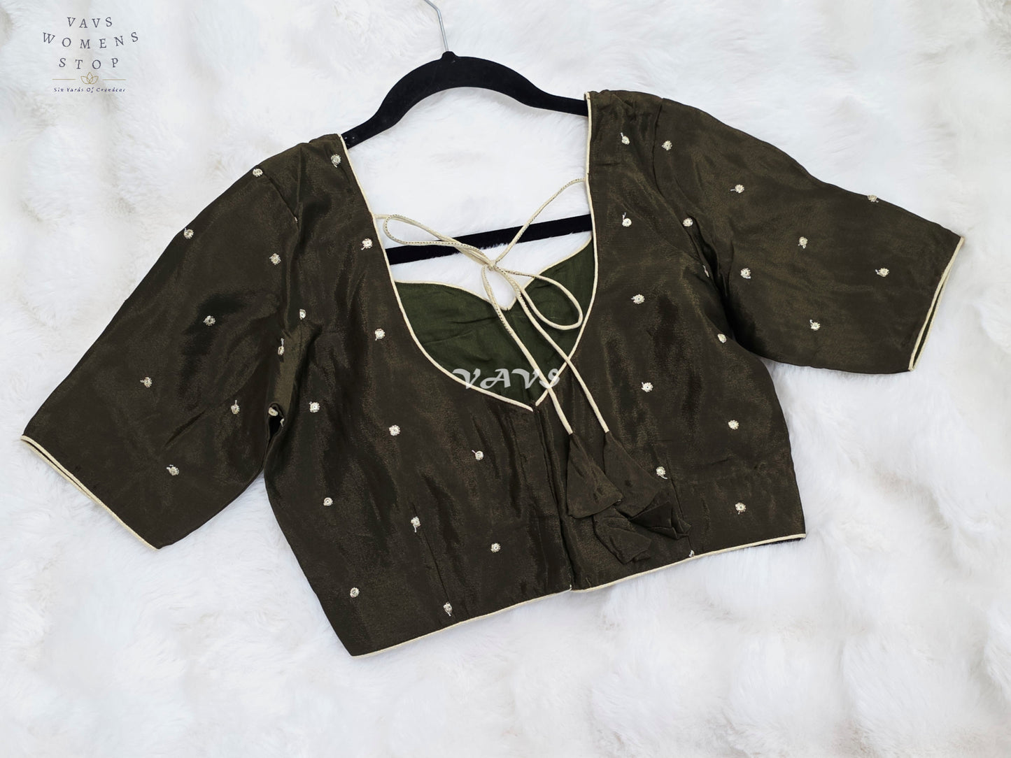 Royal Midnight Olive Chinon Chiffon Gold Zari Buttas Designer Stitched Blouse