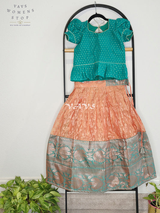 Royal Sea Green & Blush Peach Soft Pastel Organza Lehenga with Designer Puff Sleeves Blouse Set for Girls Ages 6–7