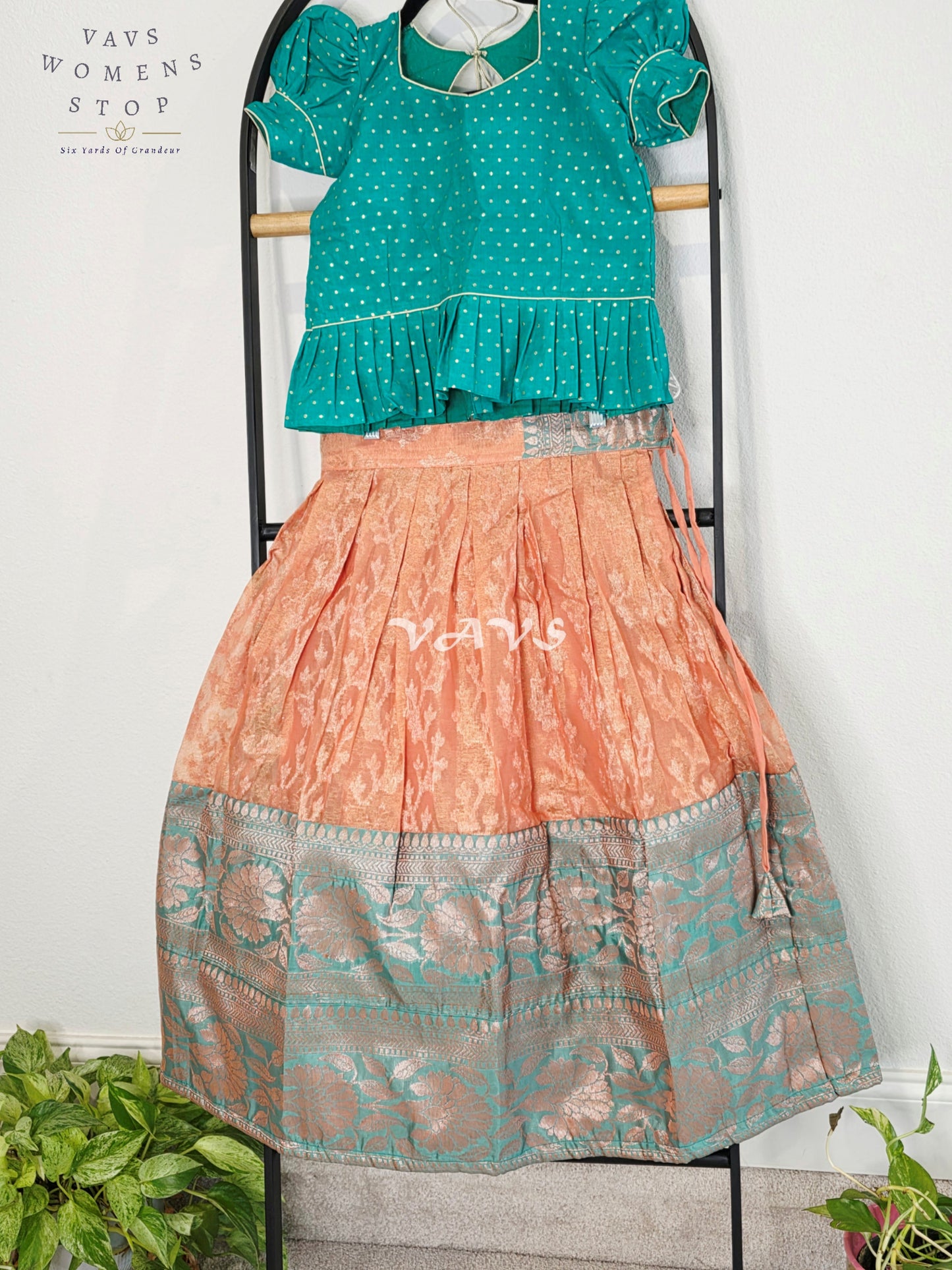 Royal Sea Green & Blush Peach Soft Pastel Organza Lehenga with Designer Puff Sleeves Blouse Set for Girls Ages 6–7