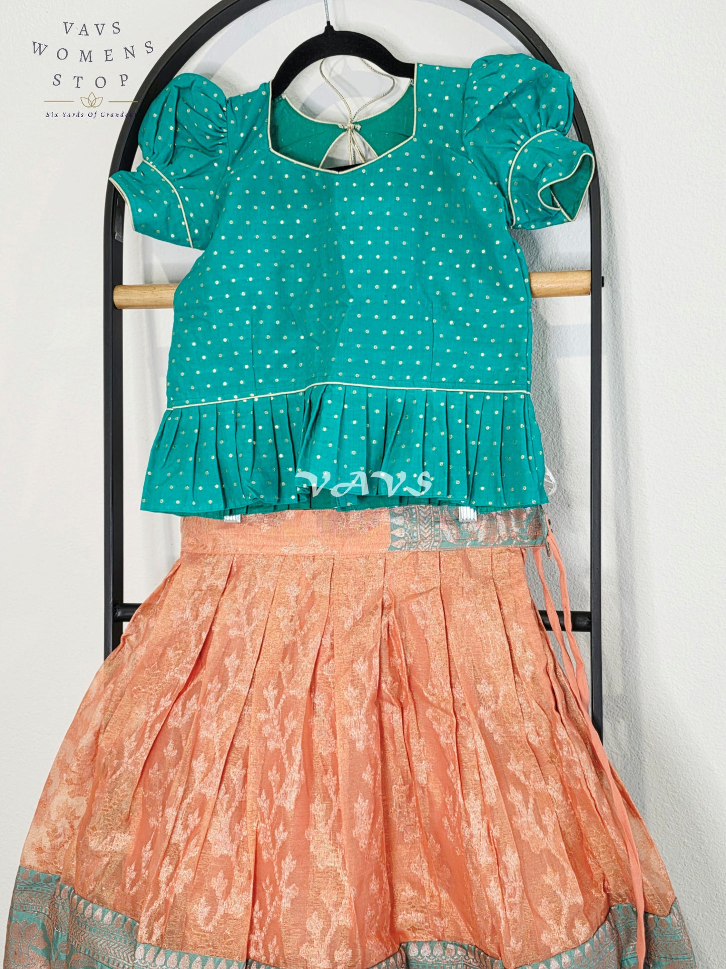 Royal Sea Green & Blush Peach Soft Pastel Organza Lehenga with Designer Puff Sleeves Blouse Set for Girls Ages 6–7