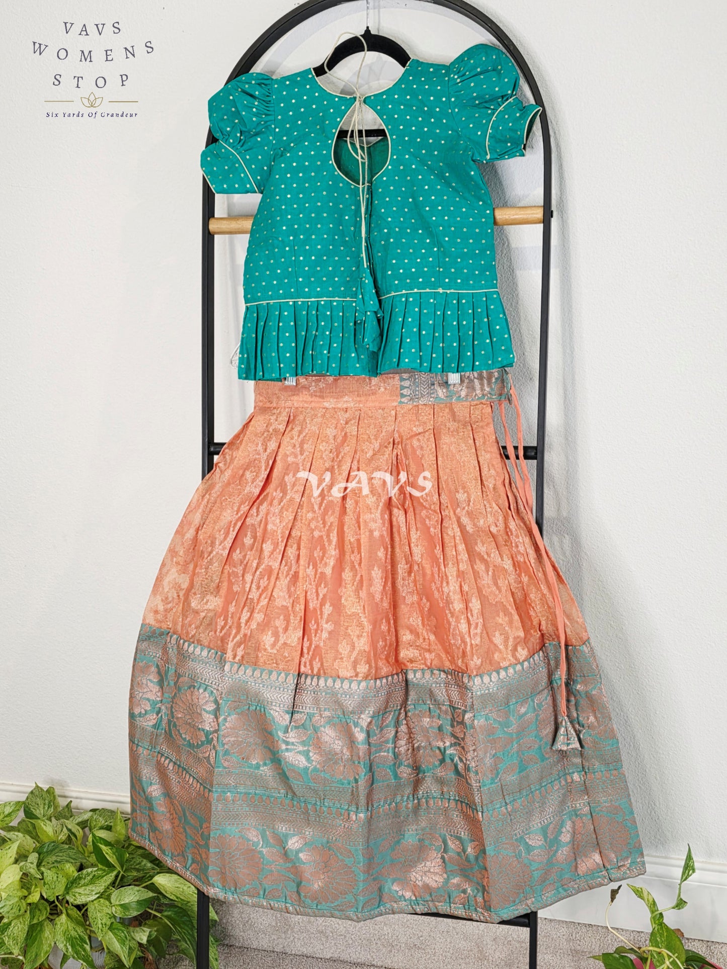 Royal Sea Green & Blush Peach Soft Pastel Organza Lehenga with Designer Puff Sleeves Blouse Set for Girls Ages 6–7